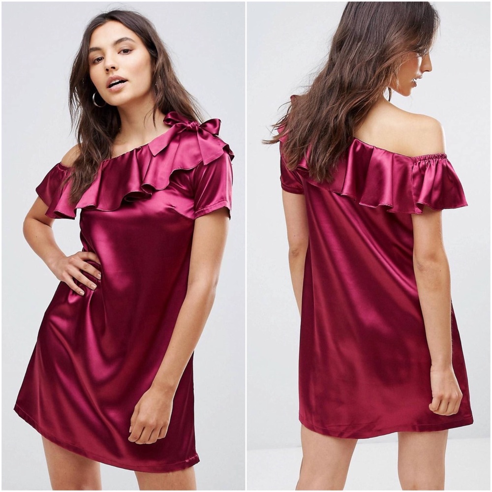 Rage One-Shoulder Plum Satin Dress with Bow Detail